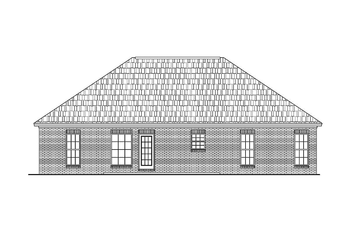 House plan elevation drawing showing a single-story brick exterior with a large hipped roof and multiple windows.
