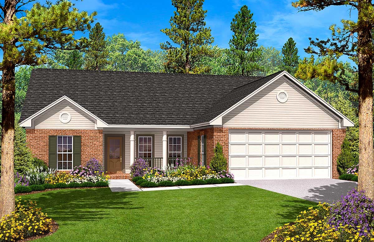 House plan exterior: One-story ranch with brick and vinyl siding, covered front porch, and attached two-car garage.