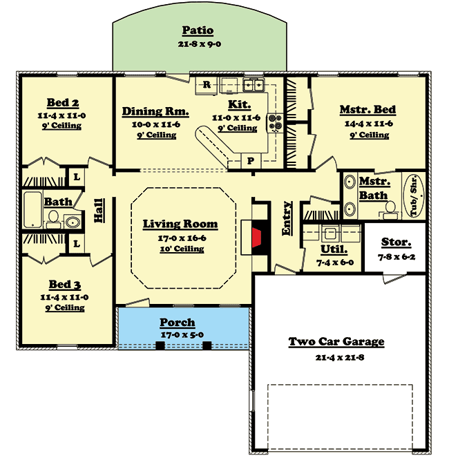 Plan 11701HZ: Split Bedroom Ranch Home Plan - 1400 Sq Ft - Floor Plan - Main Level - Country, Ranch, Traditional