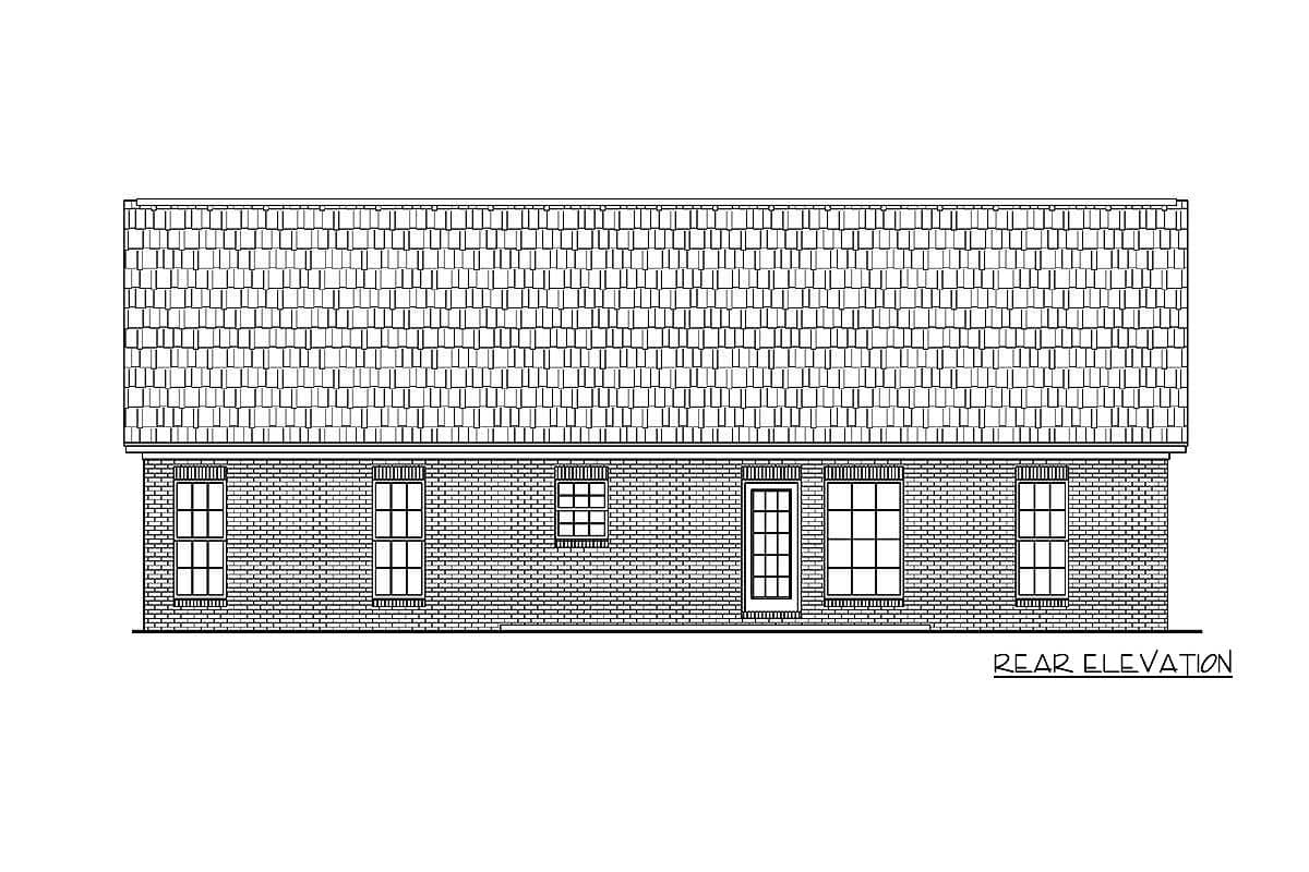 Rear elevation drawing of a one-story house plan with a shingled hip roof and brick facade, featuring several windows and a door.