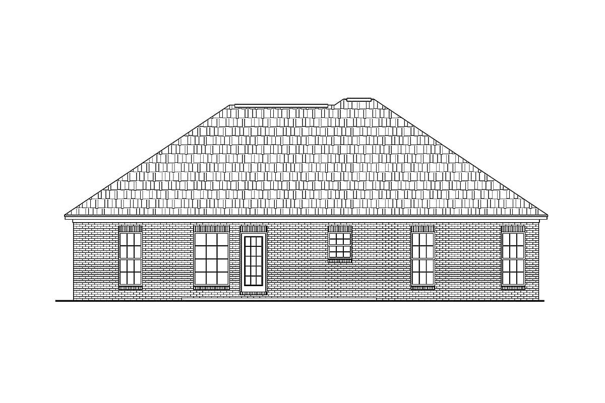 House plan elevation drawing showing a side view with brick facade, multi-pane windows, and a hip roof.