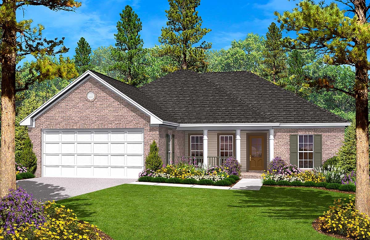 House plan exterior, brick, one-story, attached garage, covered front porch with columns, gabled roof.