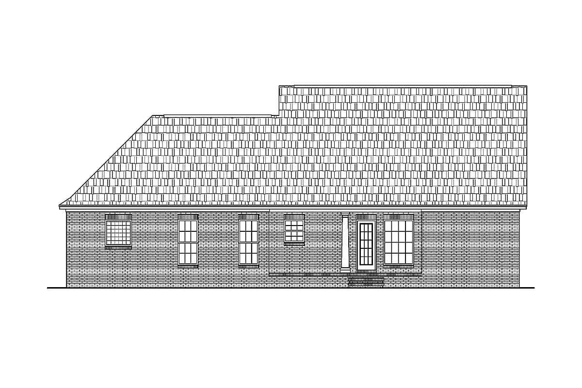 Front elevation drawing of a one-story house plan with a brick facade, varying rooflines, and a central entrance with double doors.