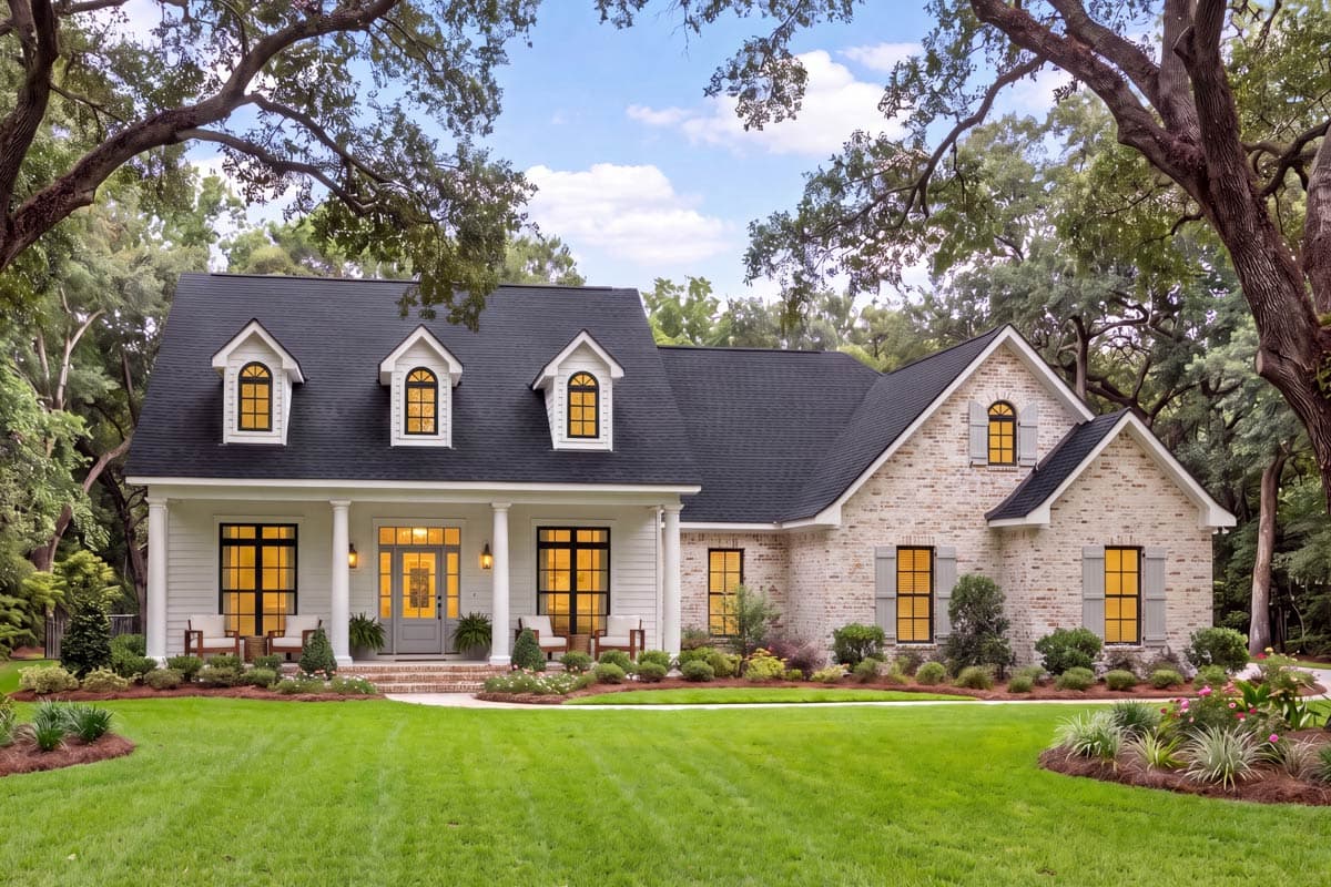 House plan exterior: One-story home with a prominent front porch, arched dormers, and brick and siding facade.