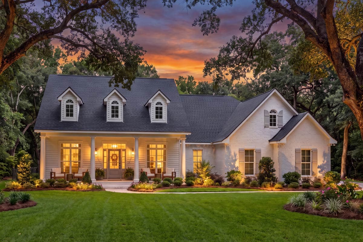 House plan exterior: One-and-a-half story with a prominent central portico, three front dormers, and a brick facade with shutters.