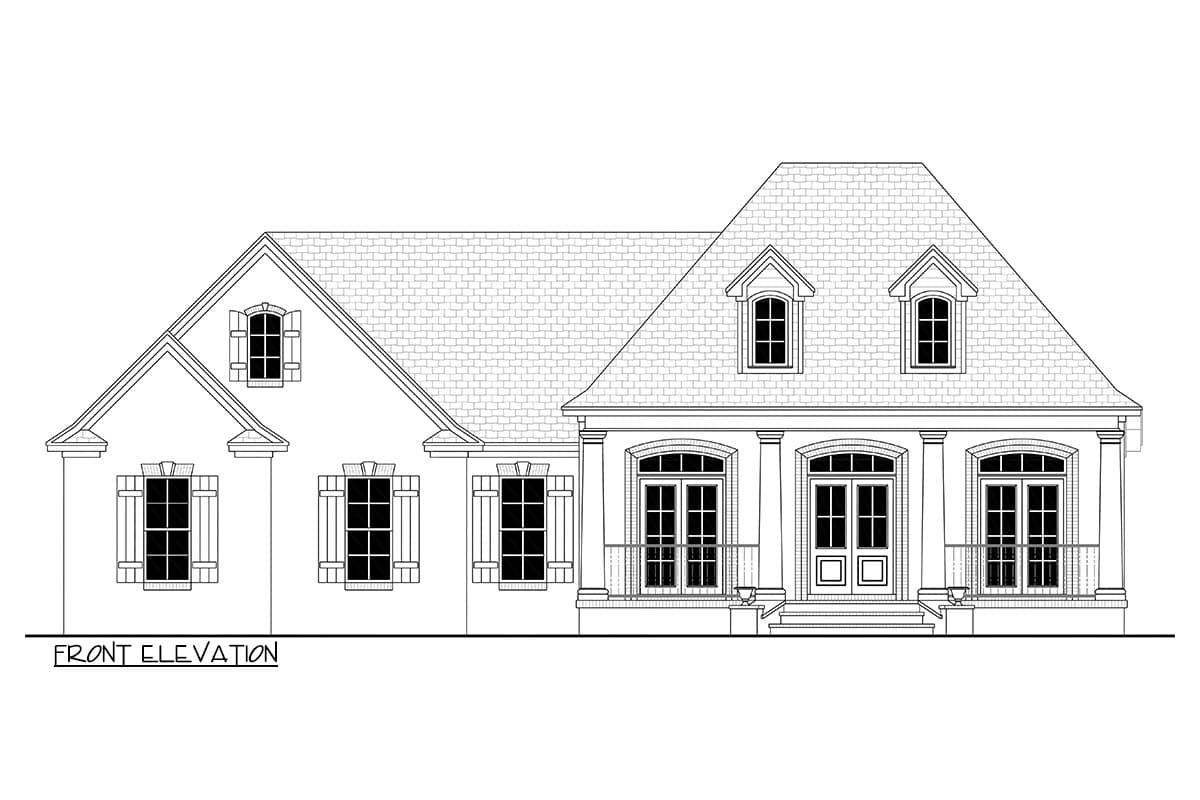 Front elevation house plan with mansard roof, dormers, arched windows, double entry doors, and shutters.