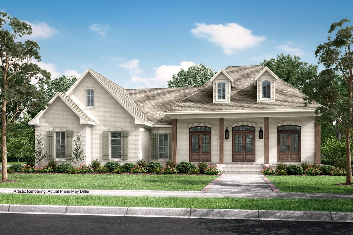 House plan exterior: Single-story brick home with a covered front porch, double entry doors, arched windows, and dormers.