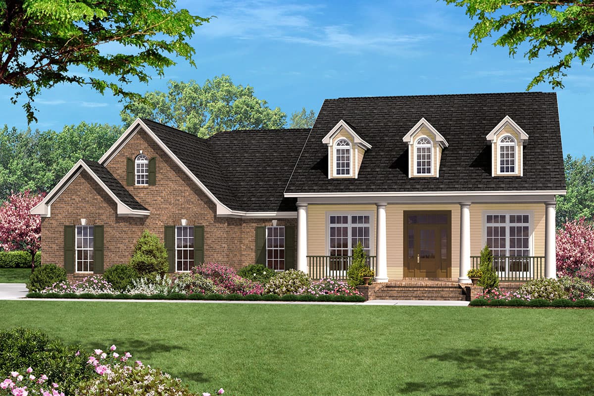 House plan exterior rendering: Two-story home with brick and siding, prominent portico with columns, and dormer windows.