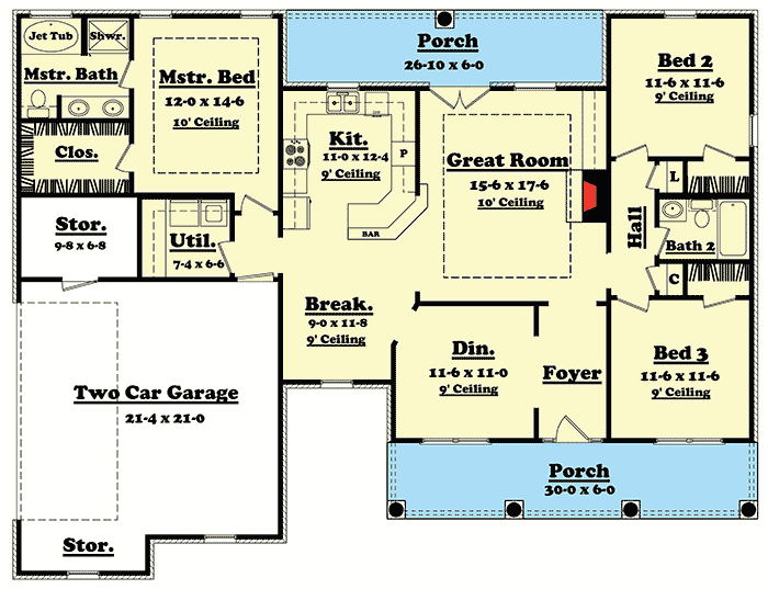 Plan 11706HZ: 1600 Sq Ft Open Floor Home Design with Options - Floor Plan - Main Level - Country, Traditional