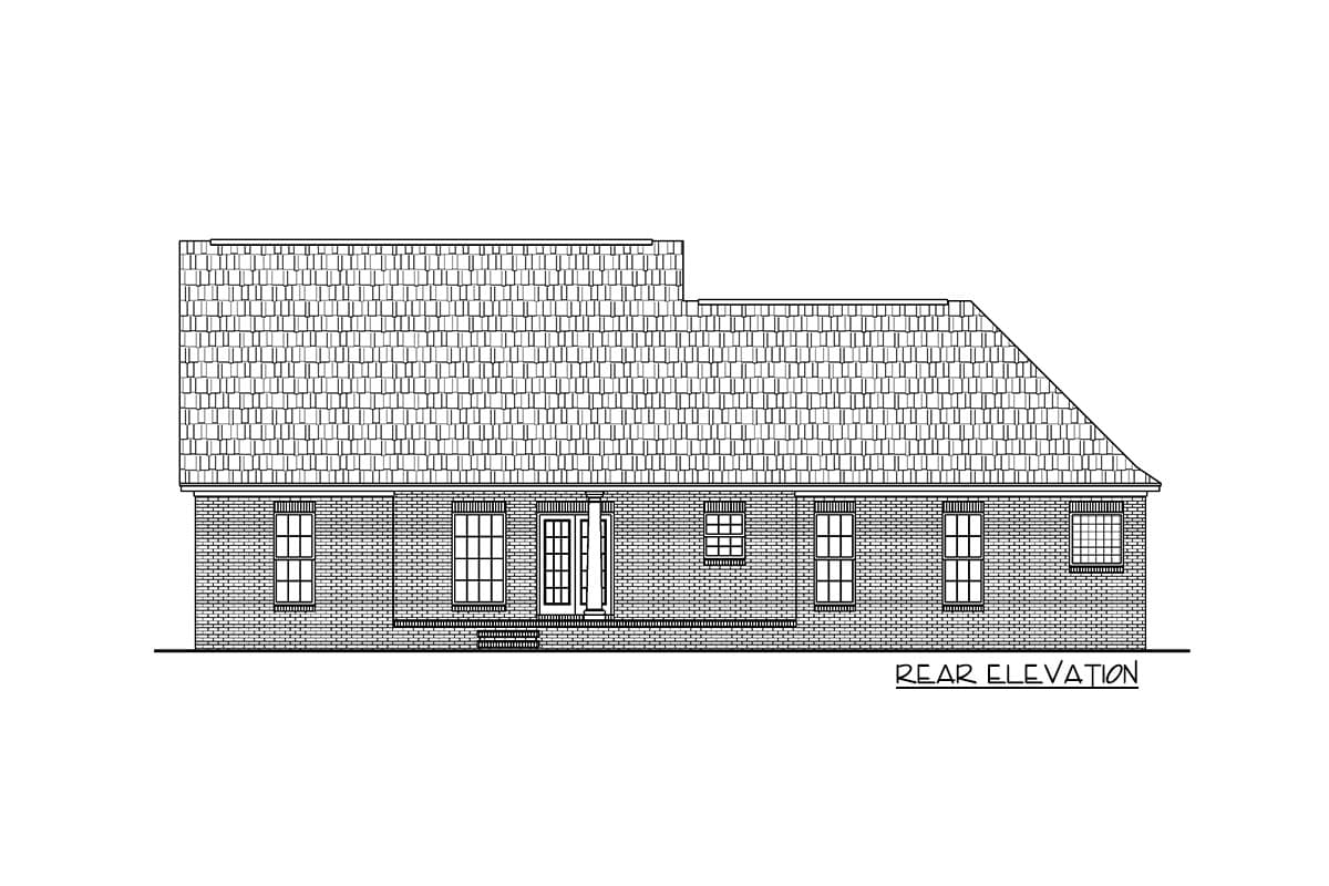 Rear elevation drawing of a one-story house with a brick exterior, multi-level roof, and central door with side windows.