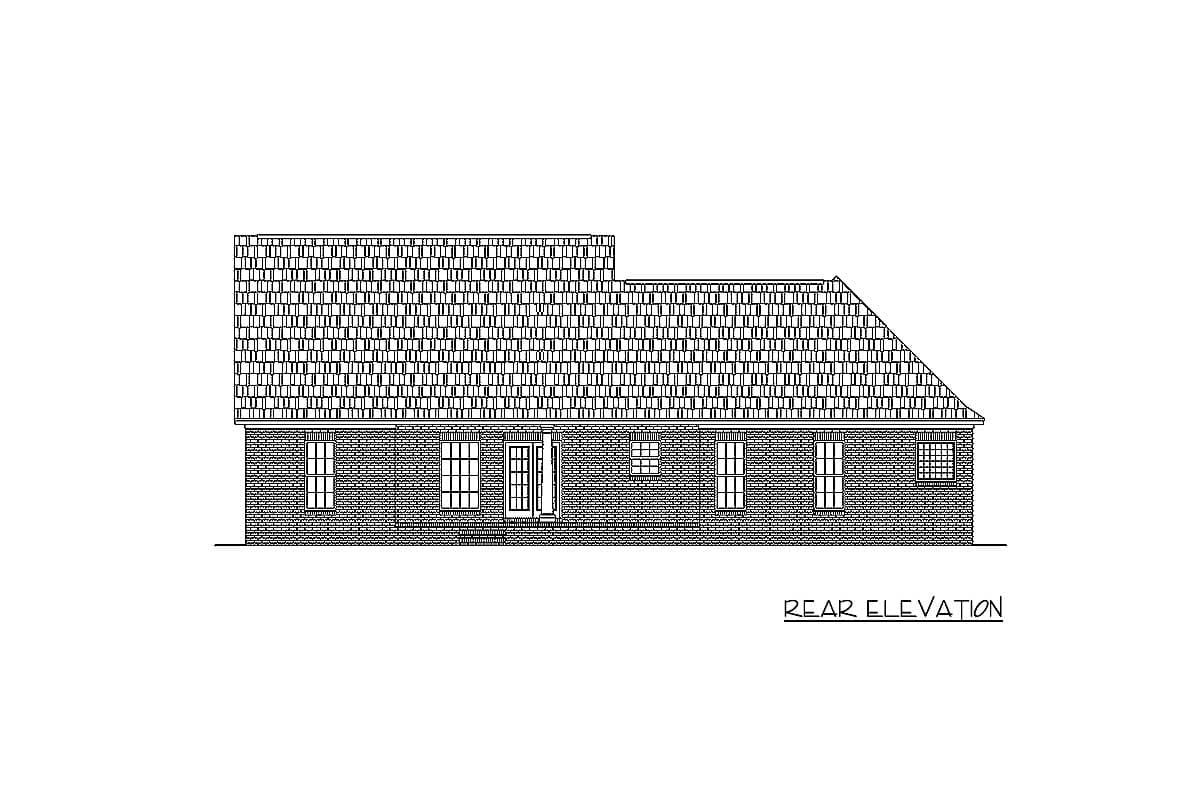 Rear elevation drawing of a one-story brick house with a hipped roof, central door, and multiple windows.