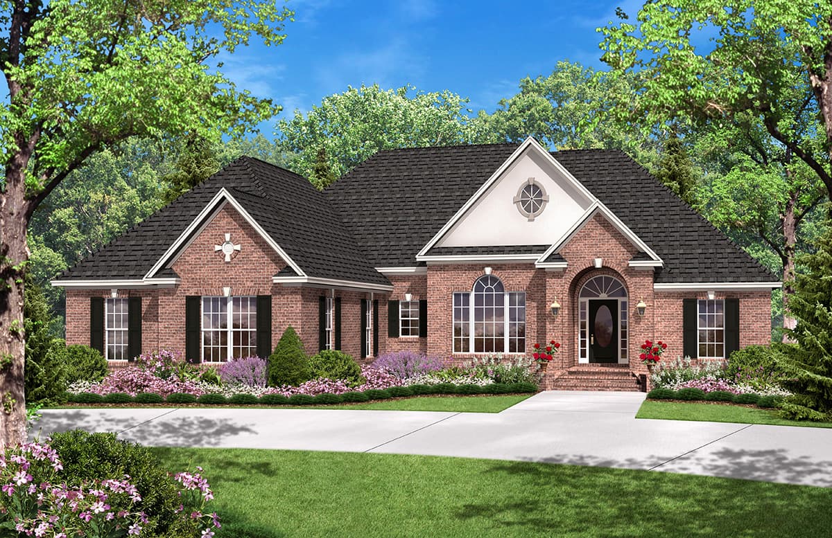 House plan exterior: Brick facade, gambrel rooflines, arched entryway, and central gable with decorative vent.