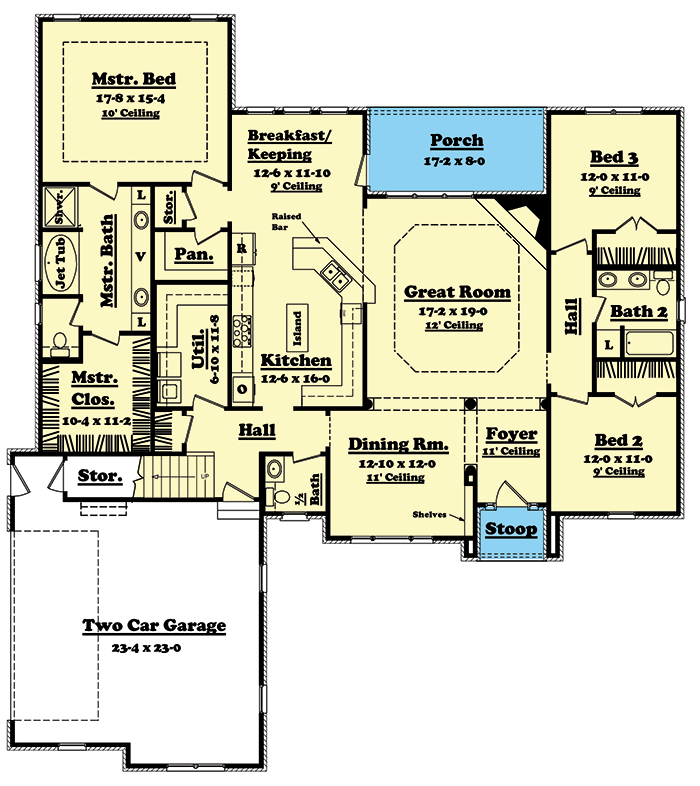 Plan 11709HZ: 2300 Square Foot Brick House Plan with Bonus Expansion Above - Floor Plan - Main Level - European, Traditional