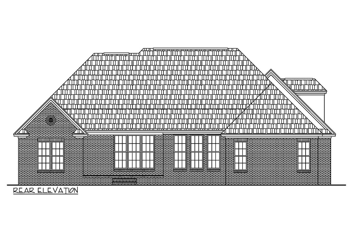 Rear elevation drawing of a brick house with a multi-level hip roof and numerous multi-pane windows.