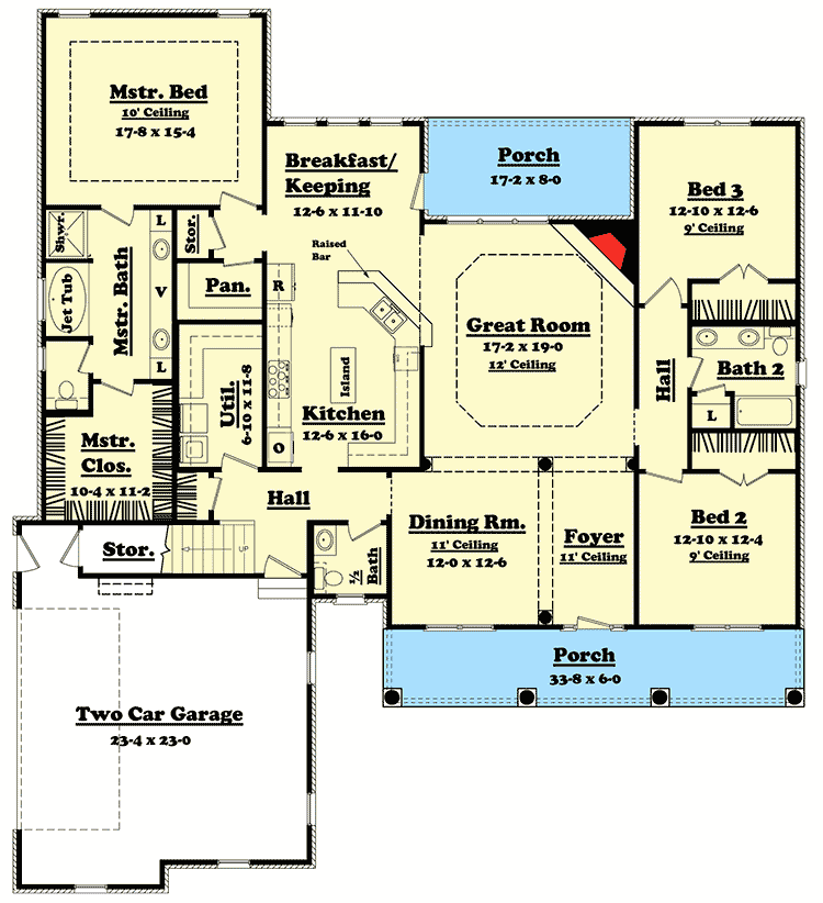 Plan 11710HZ: 2400 Square Foot Split Bedroom House Plan with Bonus Room - Floor Plan - Main Level - Country, Traditional