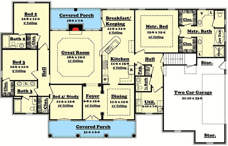 Plan 11712HZ: 4 Bedroom 2500 Square Foot House Plan with Bonus Room - Floor Plan - Main Level - European, French Country, Southern