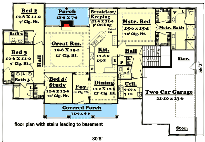 Plan 11712HZ: 4 Bedroom 2500 Square Foot House Plan with Bonus Room - Floor Plan - Basement Version - European, French Country, Southern