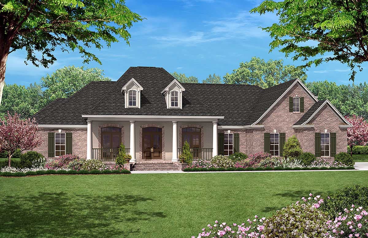 House plan exterior: One-story brick home with prominent center porch supported by columns, arched windows, and two dormers.