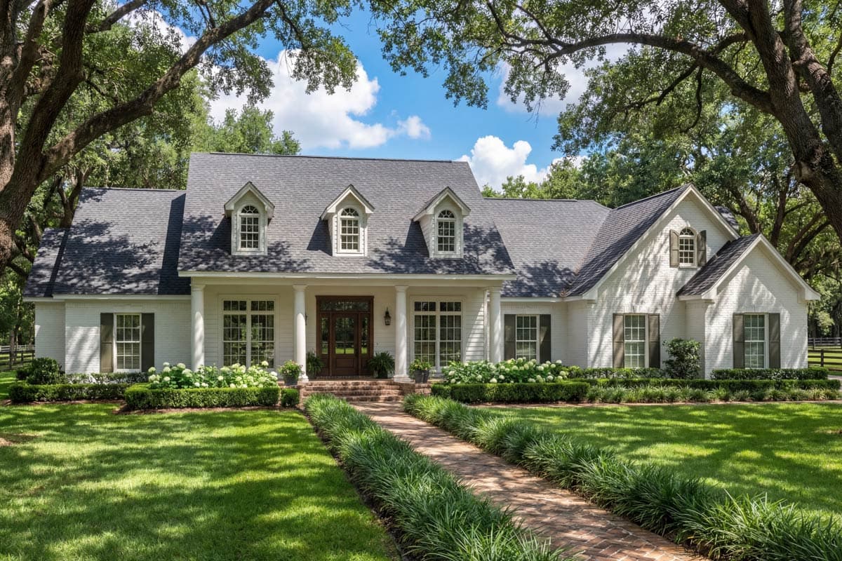 House plan exterior: One-story brick home with symmetrical front facade, portico, multiple gables, and dormer windows.