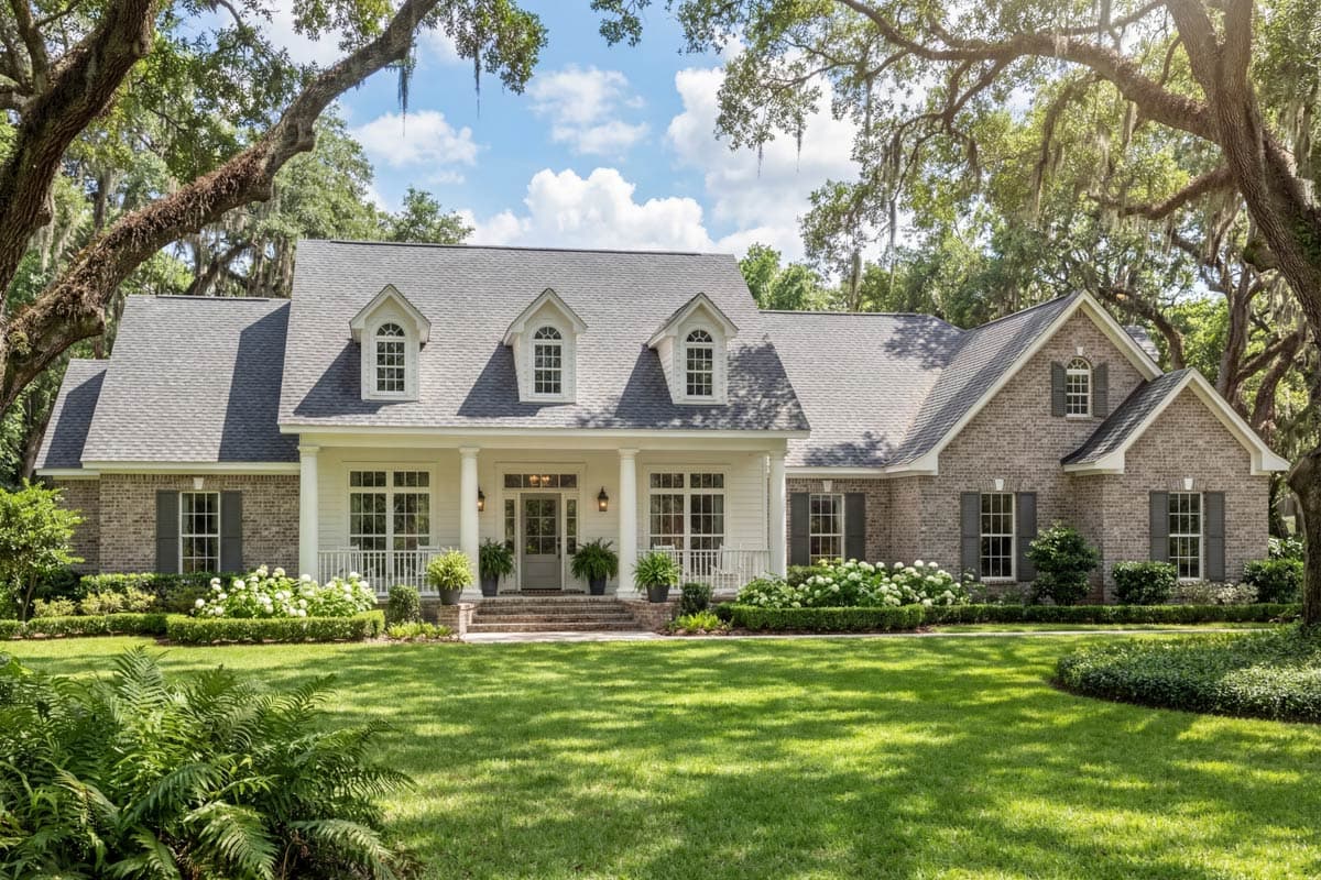 House plan exterior: two-story brick home with a covered front porch, dormer windows and gable rooflines.