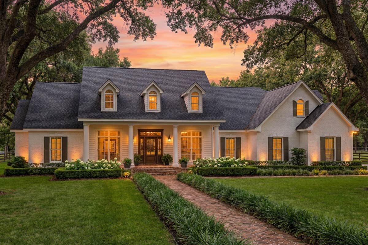House plan exterior: Two-story Traditional style home with a covered front porch, dormer windows, and brick accents.