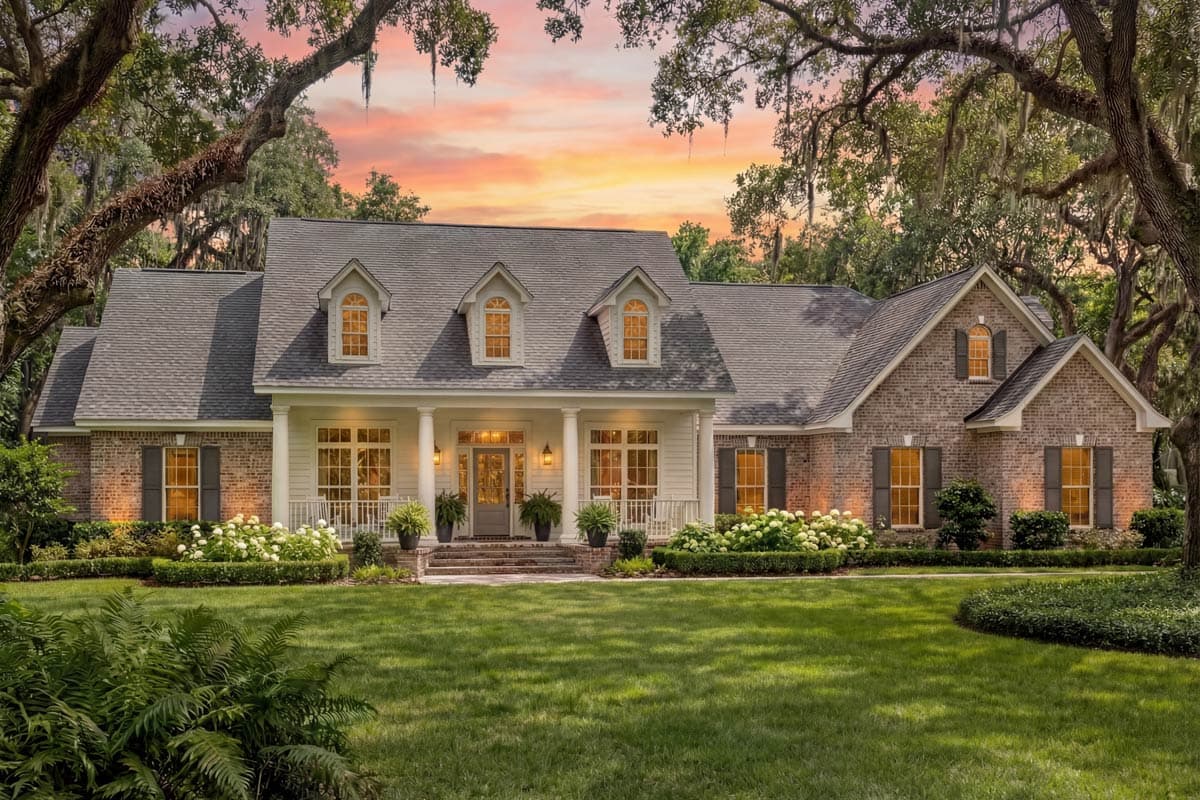 House plan exterior: One-story brick and siding home with a covered front porch, multiple gables with dormer windows, and a symmetrical front facade.