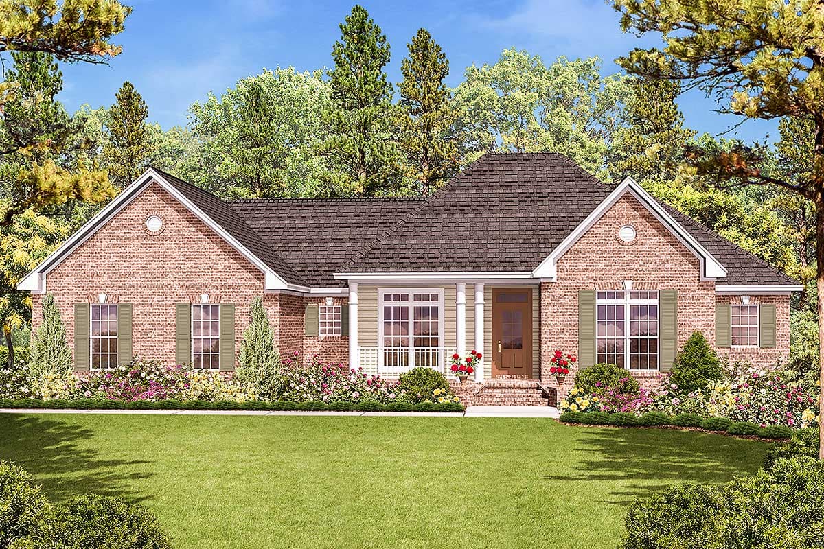 House plan exterior: Brick ranch with a gabled front, front porch with white railing, and symmetrical window placement.