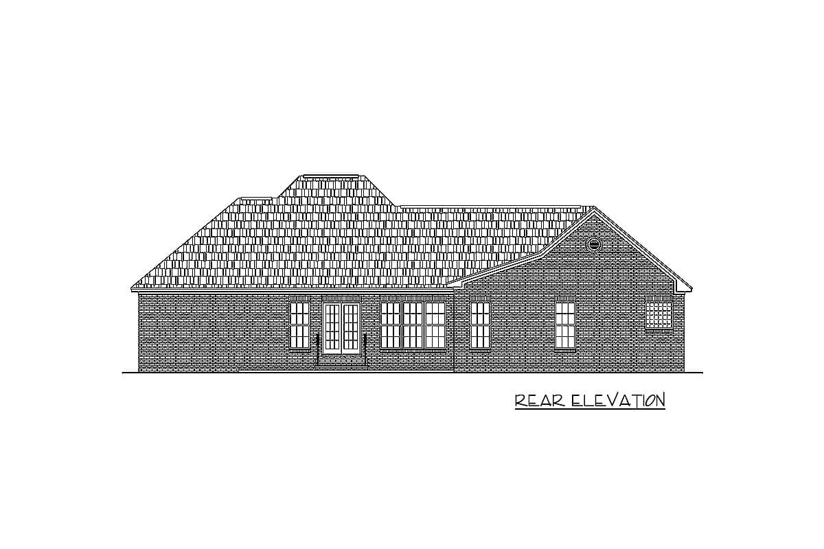Rear elevation house plan drawing shows a brick exterior with a multi-level hip roof, double doors, and several windows.