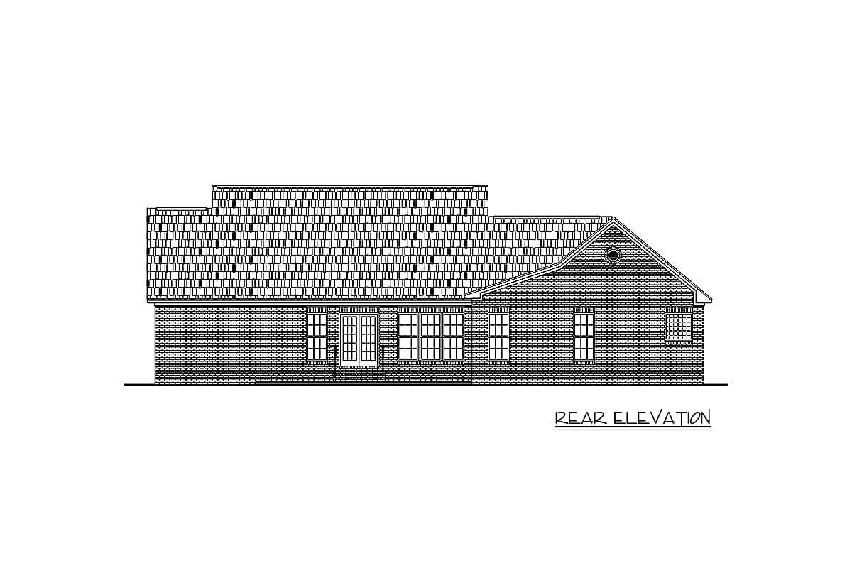 Rear elevation of a house plan featuring a brick exterior, asphalt shingle roof, central double doors, and multiple windows.
