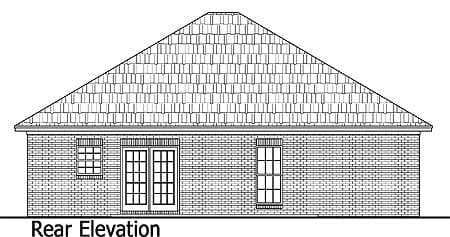 Rear elevation drawing of a house plan featuring a brick facade, a wide gable roof, double doors, and two windows.