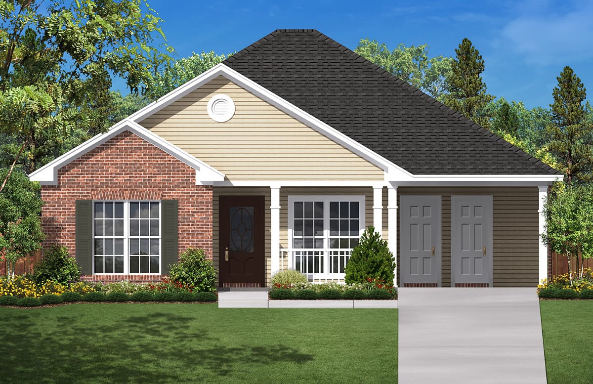 House plan exterior: One-story home with brick and siding, covered front porch, single-door entry, and double garage doors.