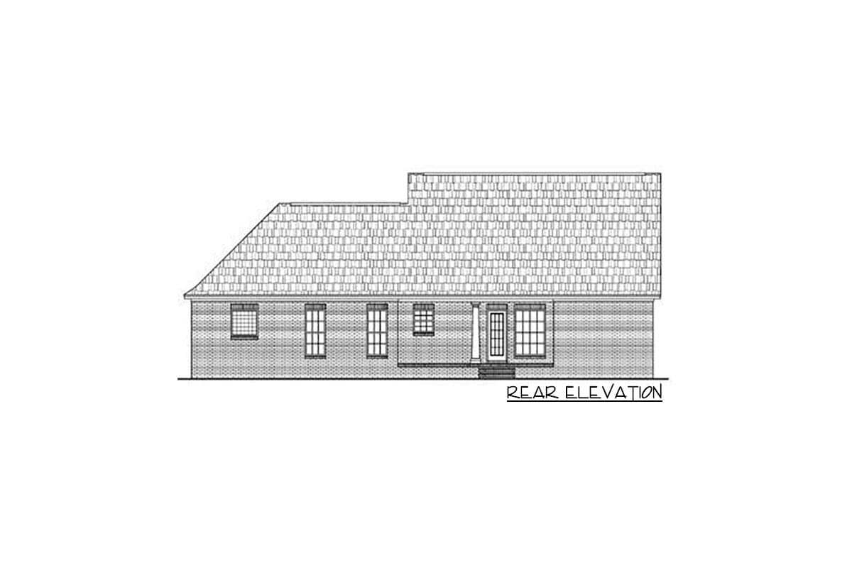 Rear elevation drawing of a one-story house plan with a prominent gable roof, centered door, and several windows.