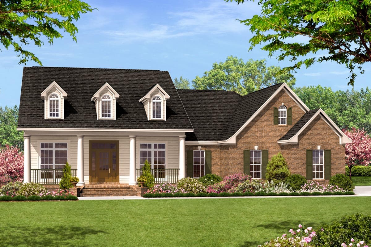 House plan exterior: Two-story brick and siding home with a covered front porch, three dormers, and a prominent gable.