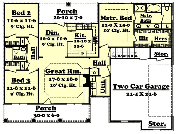 Plan 11720HZ: 1500 Square Foot Open Floor Design with Bonus Room - Floor Plan - Main Level - Country, Traditional