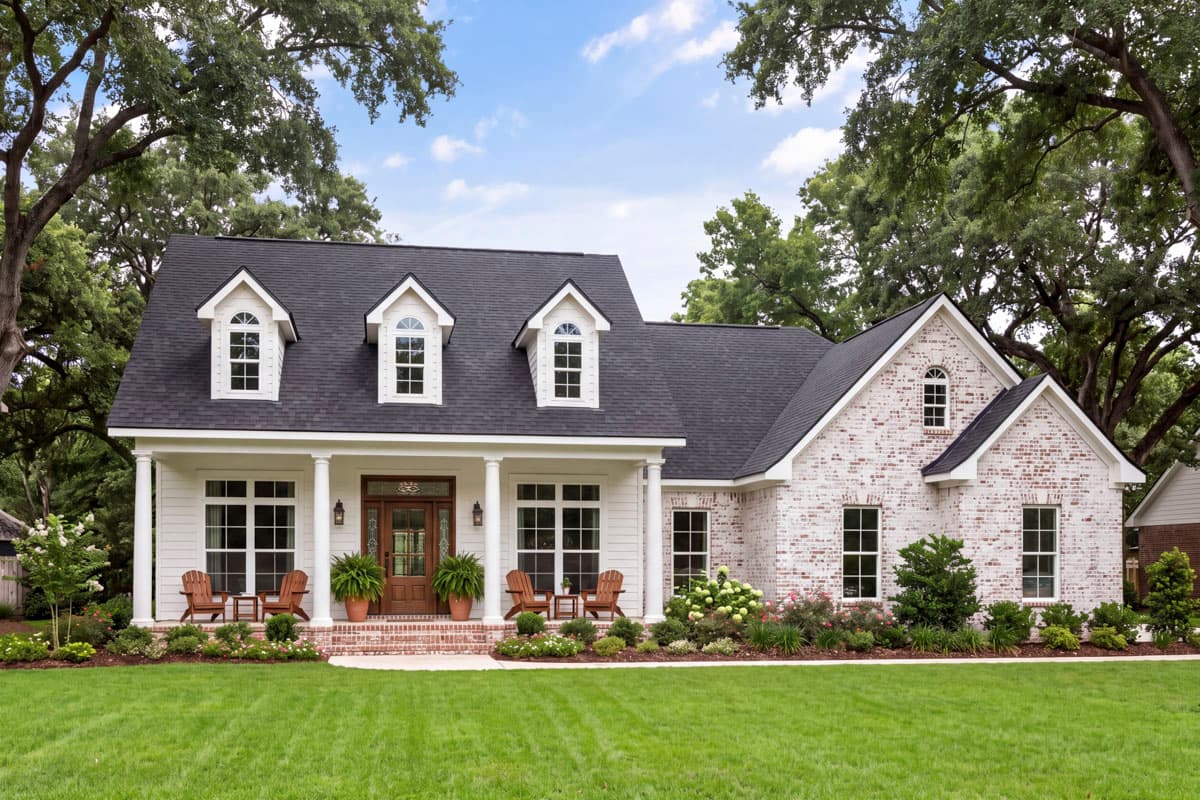 House plan exterior: Two-story brick and siding home with a covered front porch, three dormers, and a prominent gable.