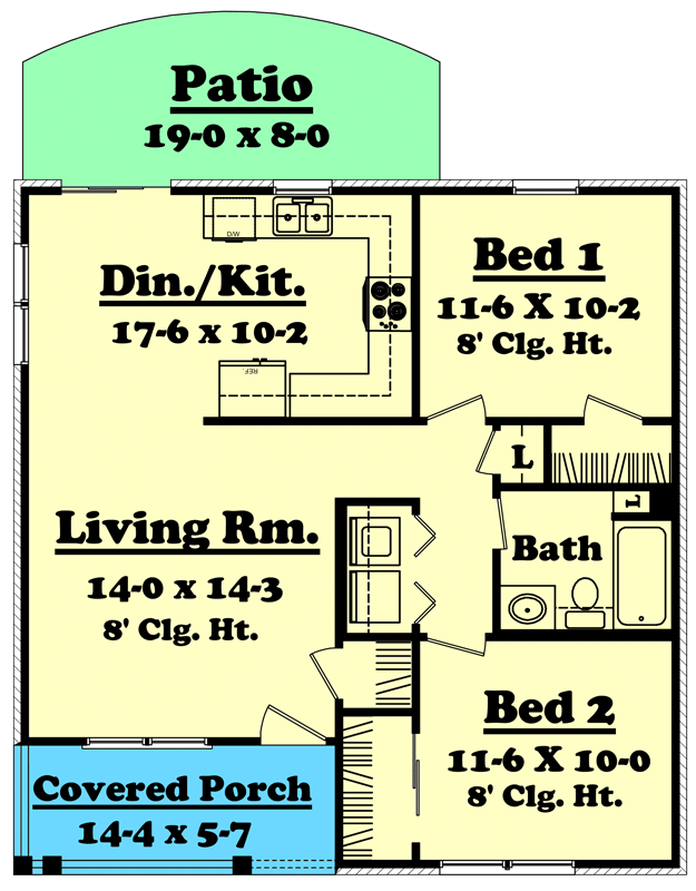 Plan 11722HZ: Cozy 2-Bedroom Country Cottage House Plan with Split Bedrooms Under 900 Sq Ft - Floor Plan - Main Level - Cabin, Cottage, Country, Traditional