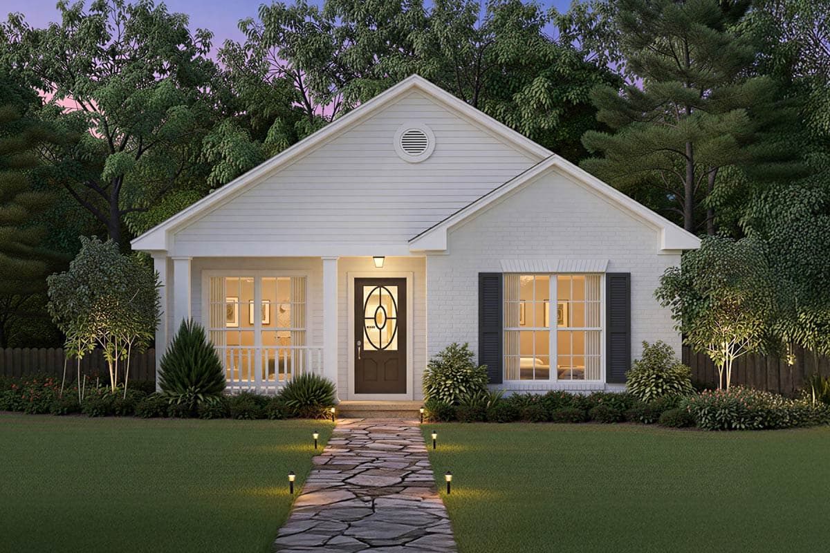 House plan exterior: Single-story Modern Farmhouse with a gable roof, front porch, decorative gable vent, and brick accents.