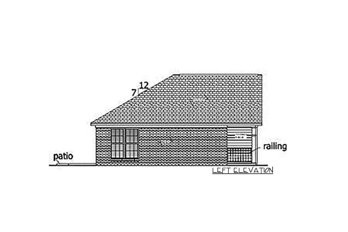 Left elevation of a house plan showing a pitched roof, brick exterior, two windows, patio area, and railing.