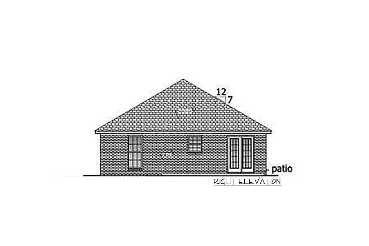 Right elevation of a one-story house plan, showing a hipped roof, brick siding, two windows, and French doors leading to a patio.