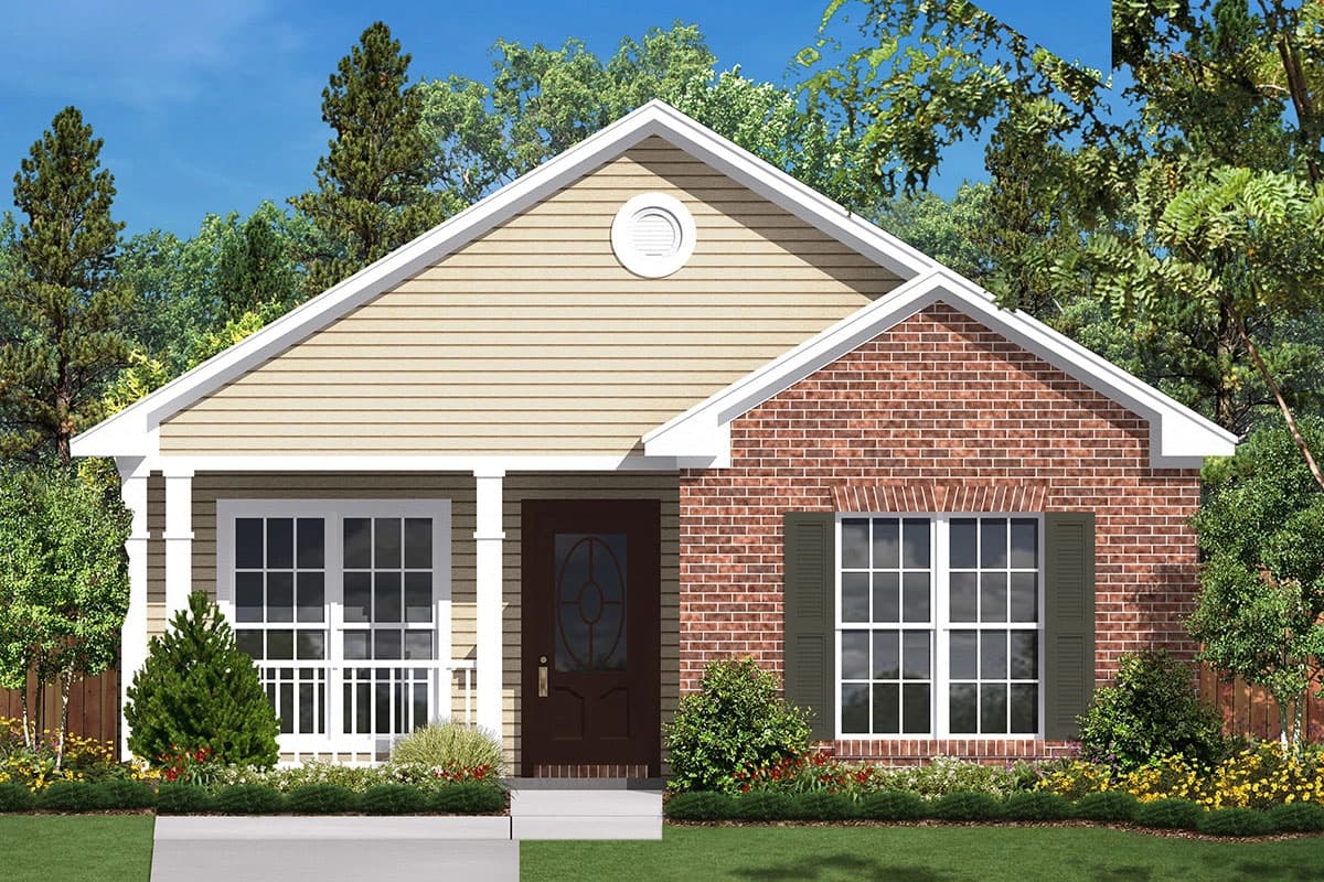 House plan exterior: One-story ranch with brick front, covered porch, gabled roof, and a circular gable vent.