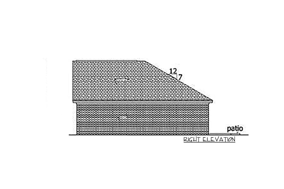 Right elevation drawing of a house plan showing a sloped roof, brick exterior, and a patio.