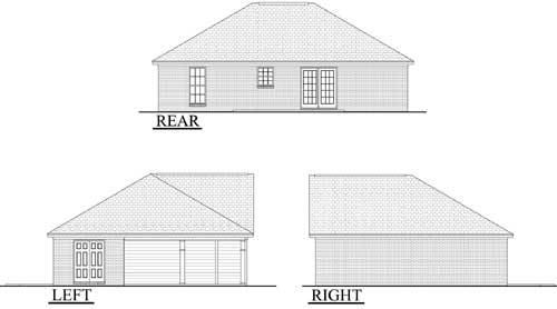 House plan elevations: rear view shows double doors and a window; left view shows a garage door and two columns; right view shows a sloped roofline.
