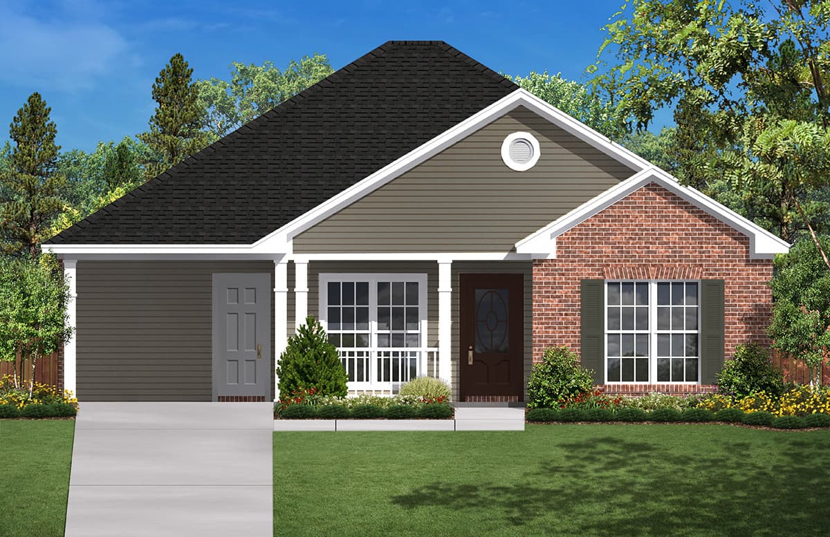 House plan exterior: Single-story Modern Farmhouse with brick front, covered porch, gable dormer, and side-entry garage.