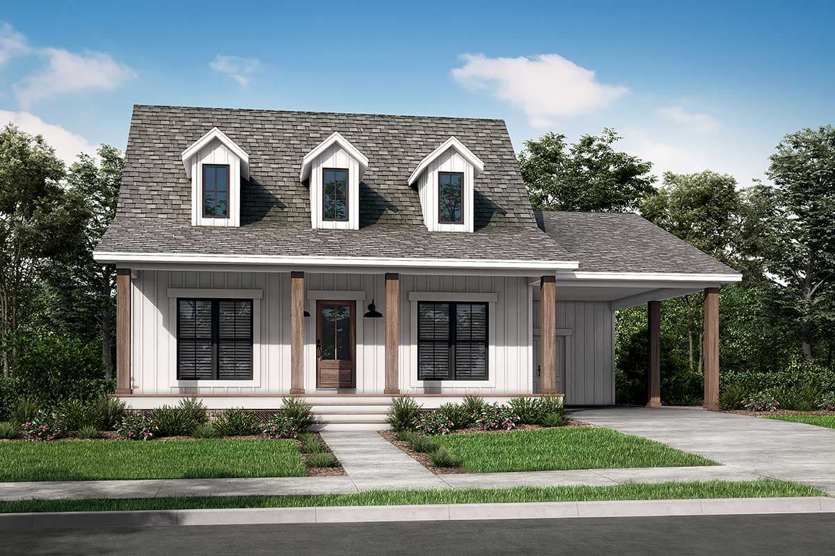 House plan exterior. Modern Farmhouse style, one story. Features include a front porch with wood columns, dormers, and a detached carport.