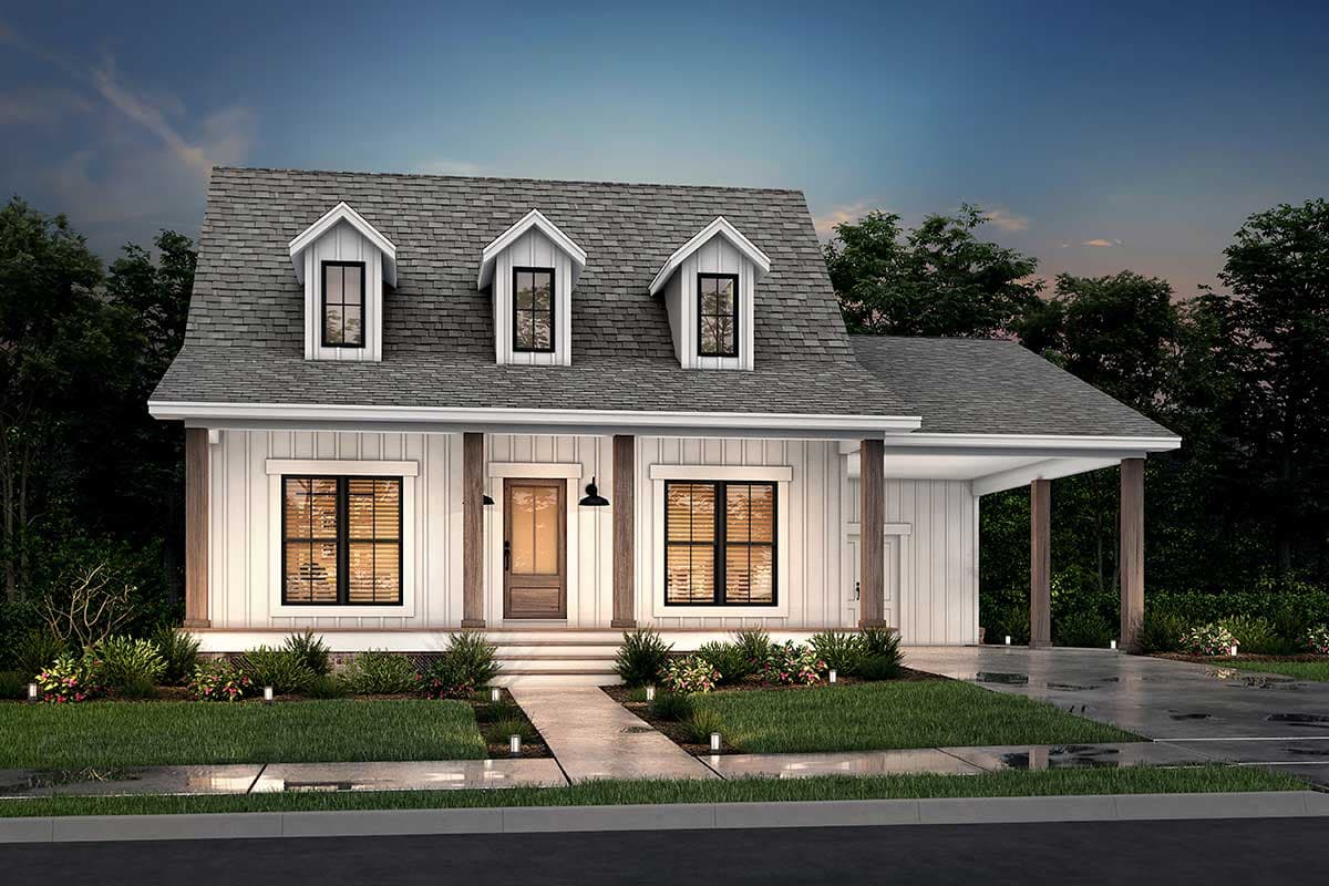 House plan exterior of a two-story Modern Farmhouse with a covered porch, three dormers, board and batten siding, and a side-entry carport.