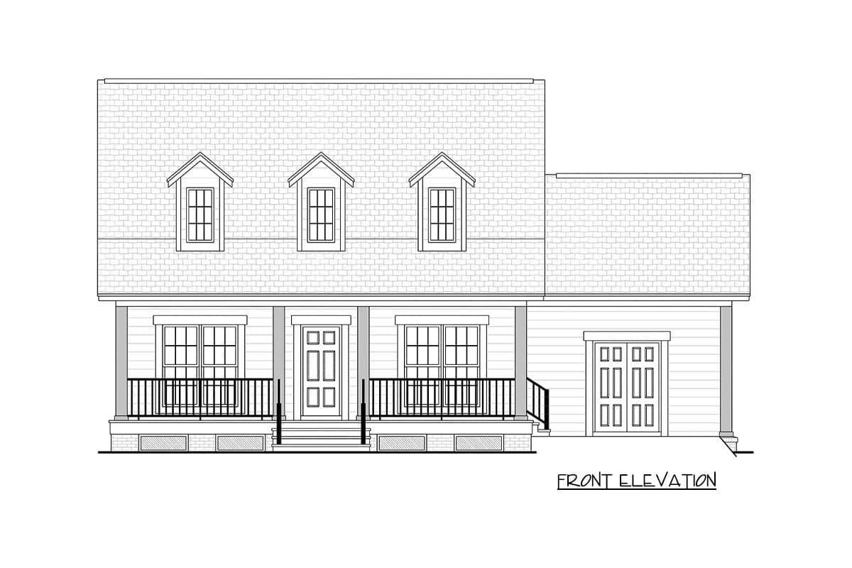 Front elevation drawing of a two-story house plan with a hip roof, dormers, and a wraparound porch.