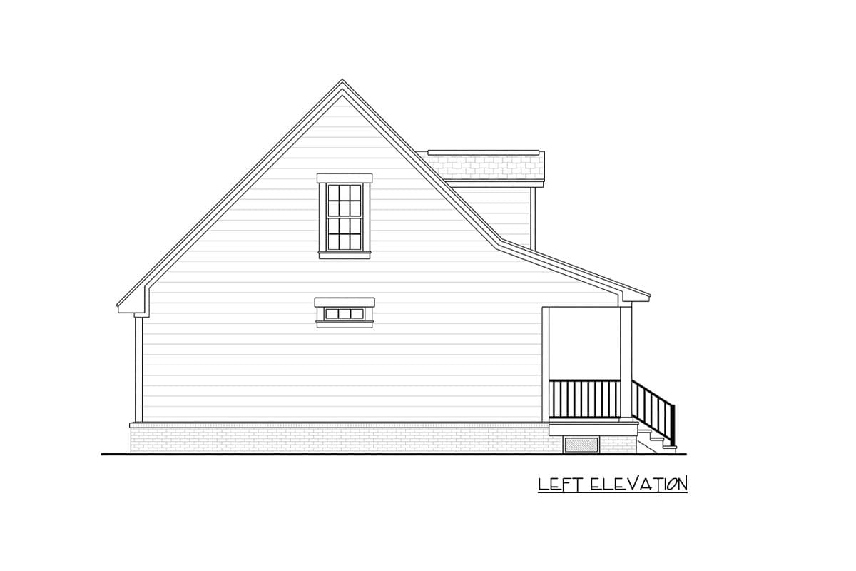 Left elevation of a house plan featuring a gable roof, front-facing dormer, and covered porch with stairs.