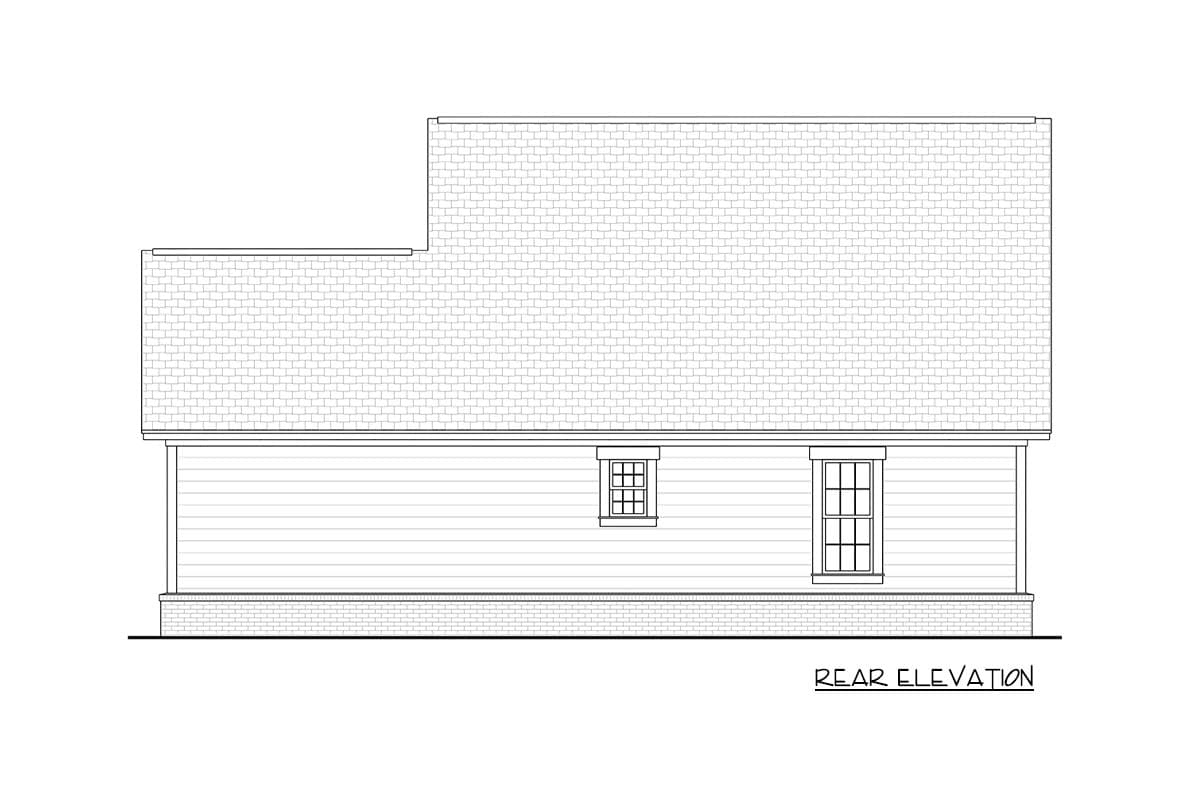 Rear elevation drawing of a house plan showing a hipped roof, siding, and two windows.