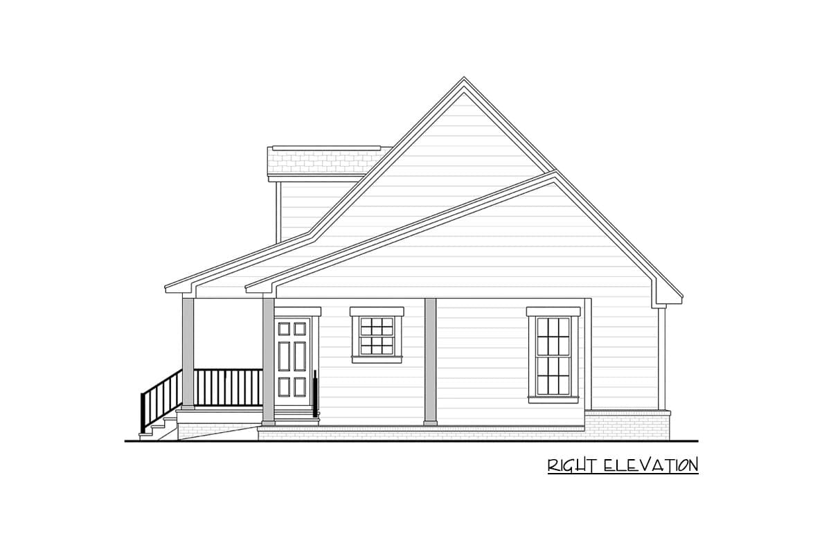 Right elevation house plan with a covered porch, double-door entry, and two windows.