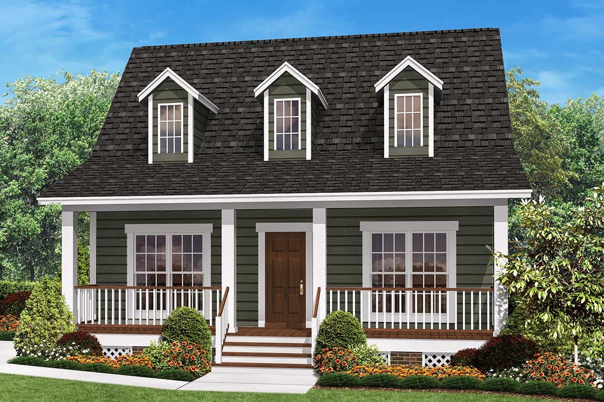 House plan exterior: Two-story home with dark roof, three dormers, covered front porch with white railings, and green siding.